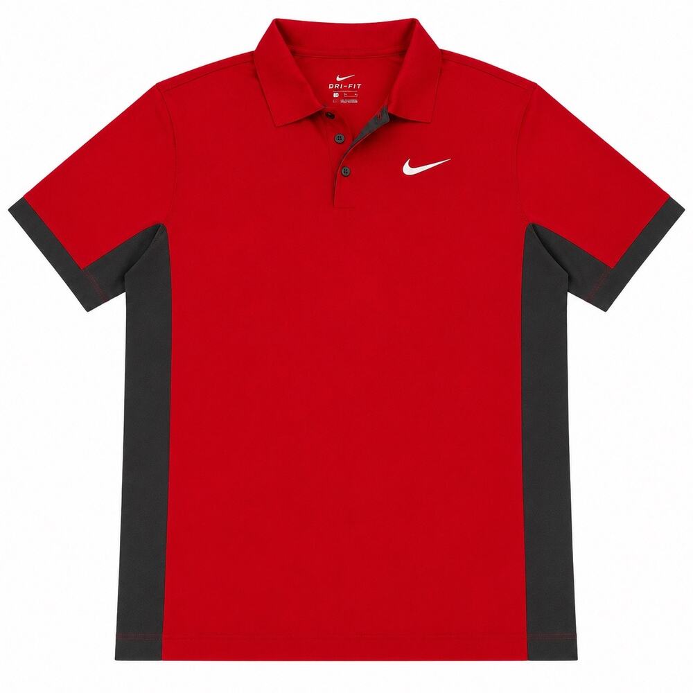 Nike Dri-Fit polo top. Red with white check and grey side panel. Men’s XL